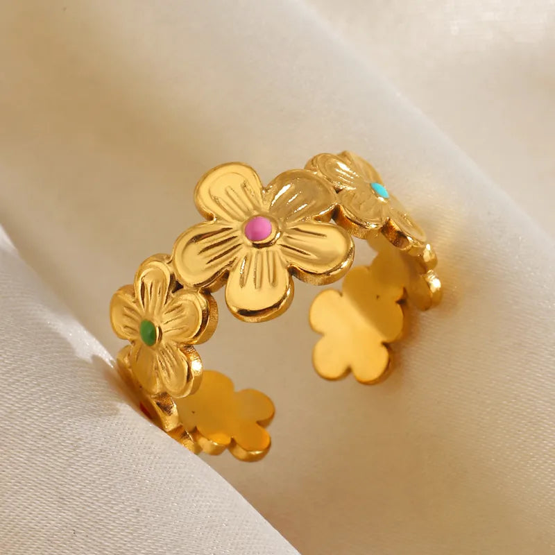 Enamel Flowers 18K Gold Plated 304 Stainless Steel Ring