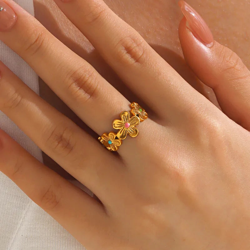 Enamel Flowers 18K Gold Plated 304 Stainless Steel Ring
