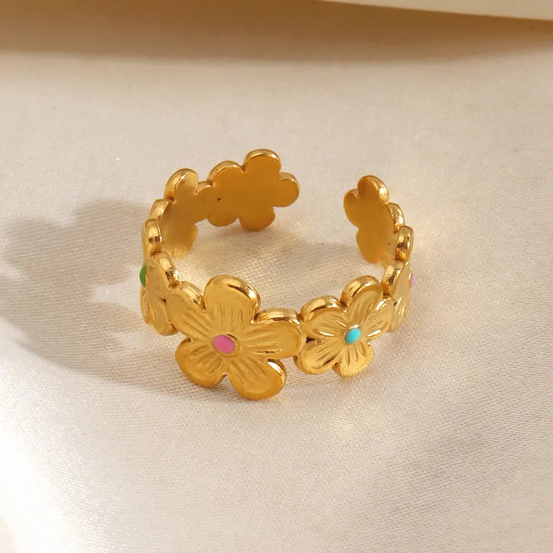 Enamel Flowers 18K Gold Plated 304 Stainless Steel Ring