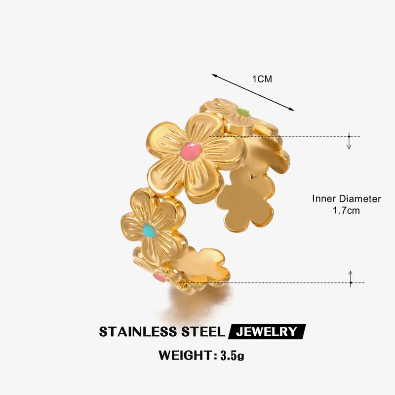 Enamel Flowers 18K Gold Plated 304 Stainless Steel Ring