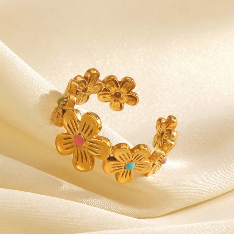 Enamel Flowers 18K Gold Plated 304 Stainless Steel Ring