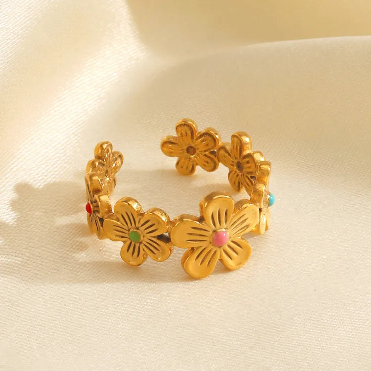 Enamel Flowers 18K Gold Plated 304 Stainless Steel Ring