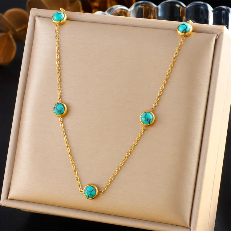 Turquoise Beaded 18K Gold Plated 304 Stainless Steel Earring And Necklace Set
