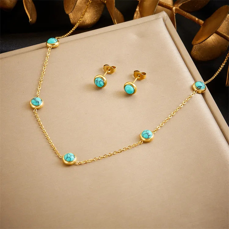 Turquoise Beaded 18K Gold Plated 304 Stainless Steel Earring And Necklace Set