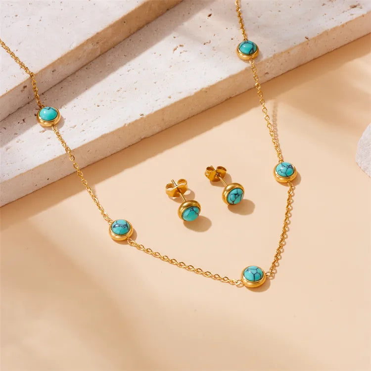 Turquoise Beaded 18K Gold Plated 304 Stainless Steel Earring And Necklace Set