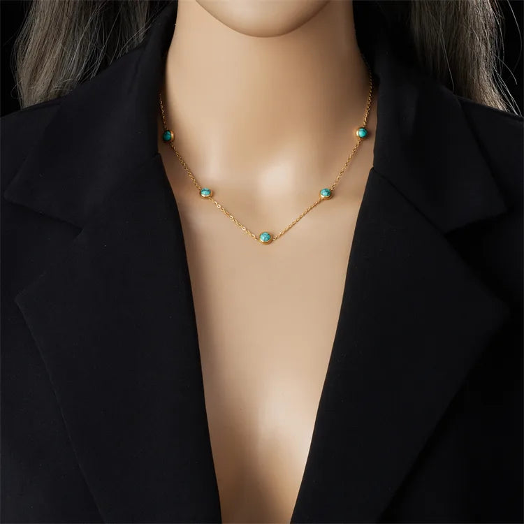 Turquoise Beaded 18K Gold Plated 304 Stainless Steel Earring And Necklace Set