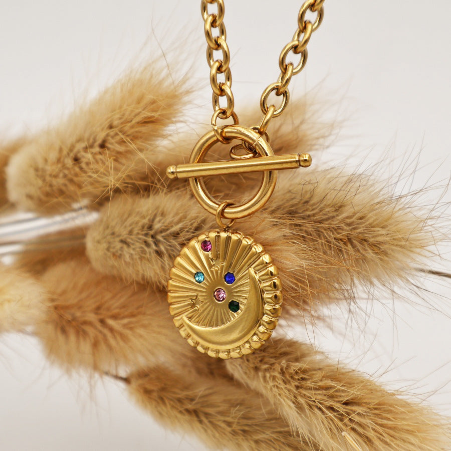 Moon 304 Stainless Steel Zircon 18K Gold Plated Chain Pendant Necklace
