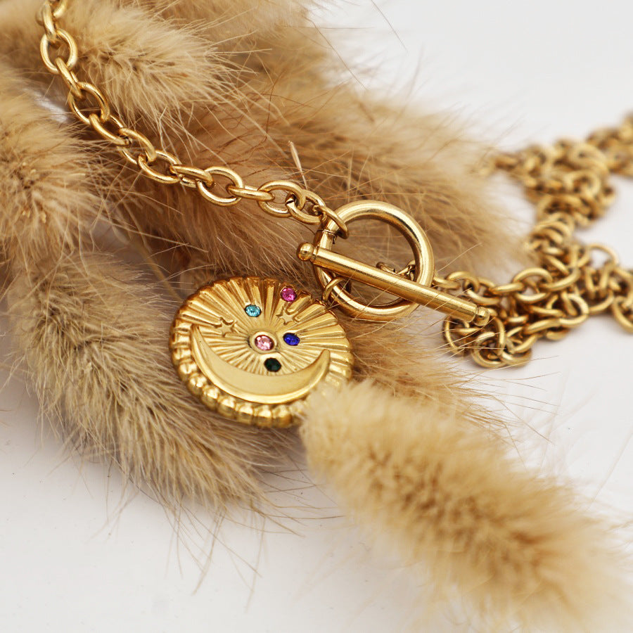 Moon 304 Stainless Steel Zircon 18K Gold Plated Chain Pendant Necklace