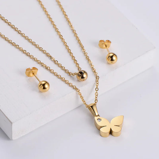 Butterfly Cubic Zirconia Stud 18K Gold Plated 304 Stainless Steel Necklace