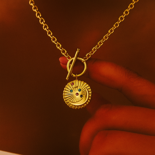 Moon 304 Stainless Steel Zircon 18K Gold Plated Chain Pendant Necklace