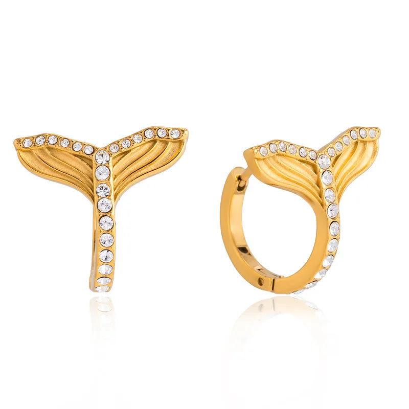 Fish Tail With Rhinestones, 304 Stainless Steel 18K Real Gold Plated Stud Earring