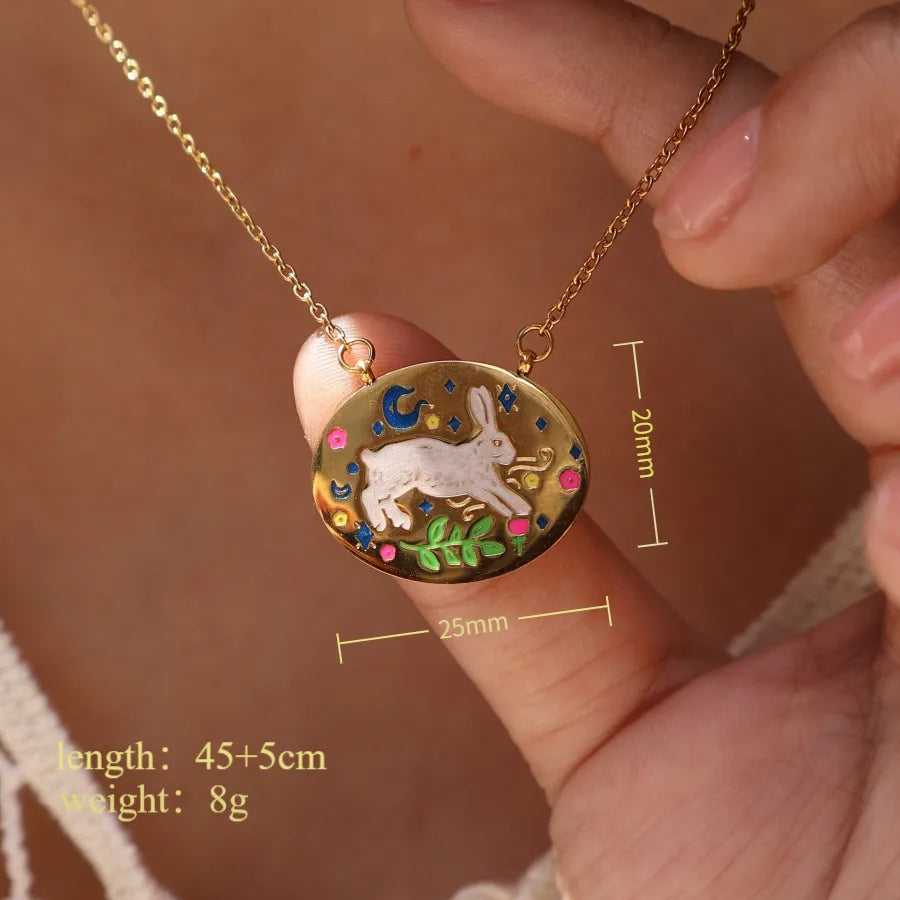 Lucky Rabbit 304 Stainless Steel Zircon 18K Gold Plated Enamel Pendant Necklace