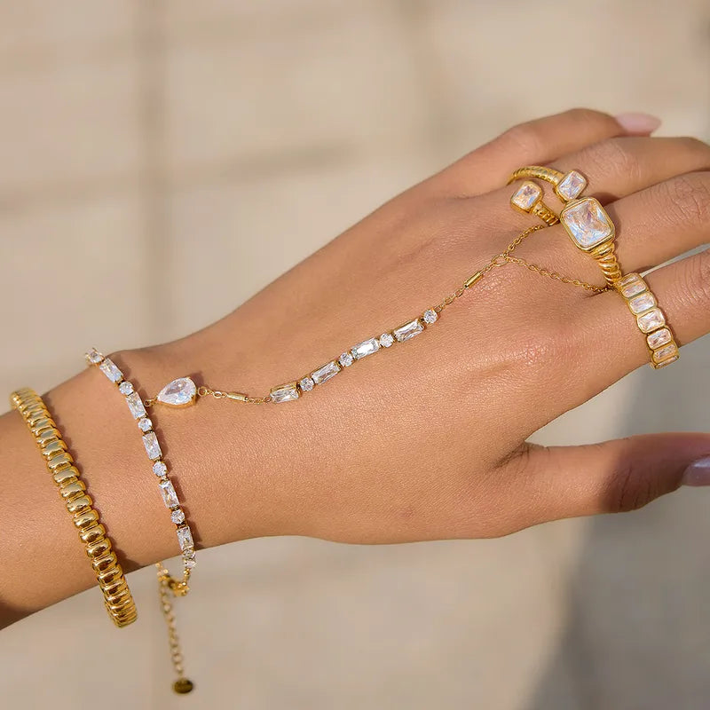 Diamante Engraved 18K Gold Plated 304 Stainless Steel Finger Chain