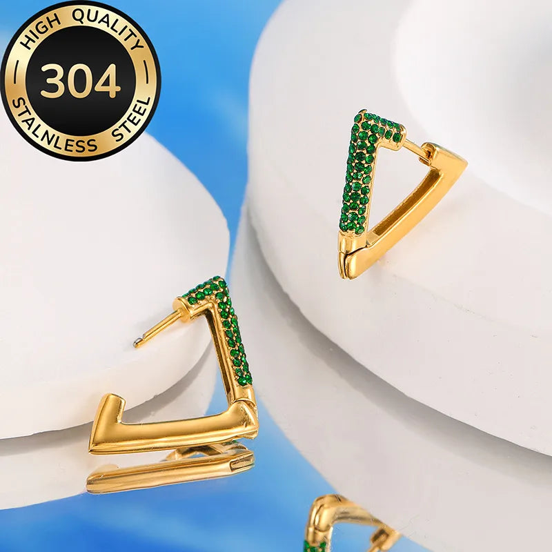 Green Shiny Triangle 304 Stainless Steel 18K Gold Plated Earrings