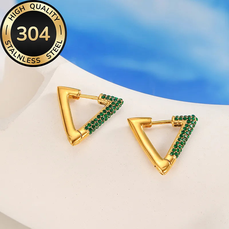 Green Shiny Triangle 304 Stainless Steel 18K Gold Plated Earrings