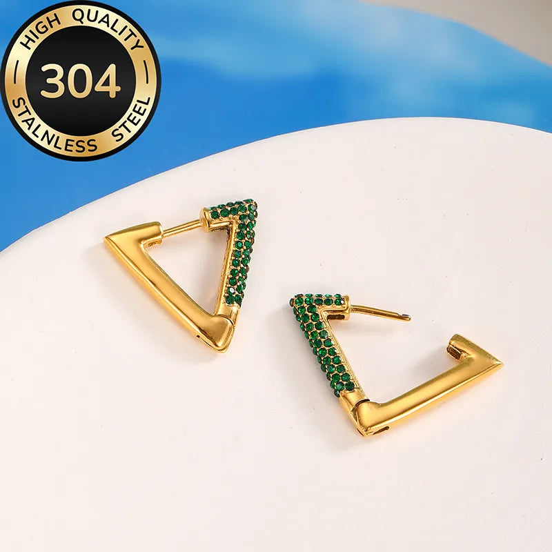 Green Shiny Triangle 304 Stainless Steel 18K Gold Plated Earrings