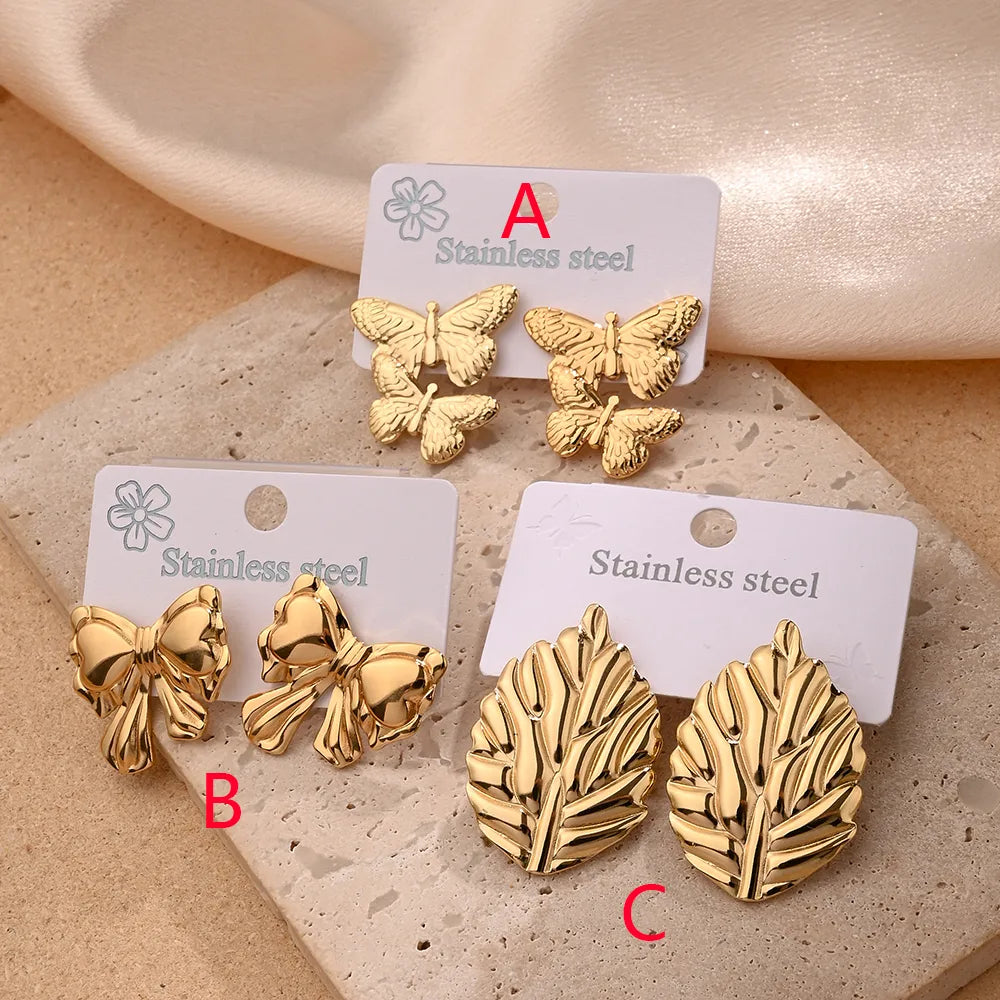 Leaves Butterfly Bow Knot Polishing Plating 201 Stainless Steel 18K Gold Plated Earrings