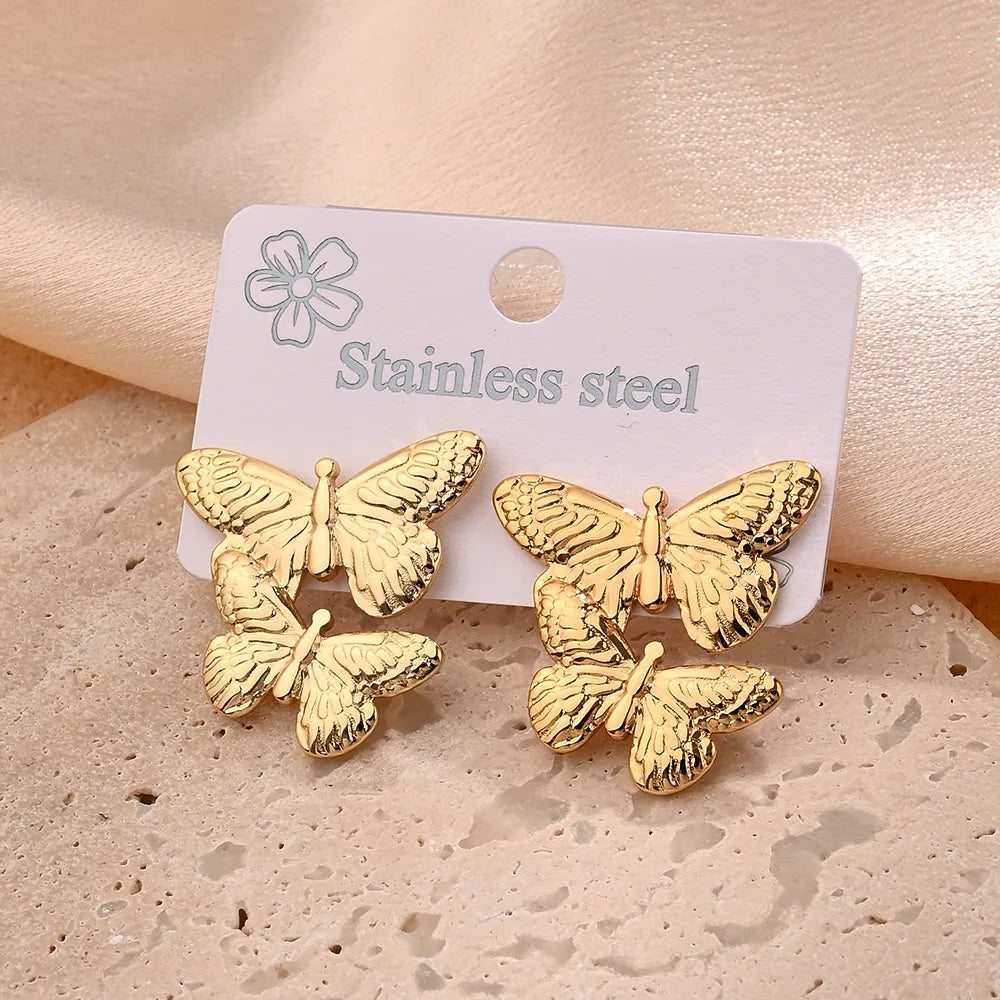 Leaves Butterfly Bow Knot Polishing Plating 201 Stainless Steel 18K Gold Plated Earrings