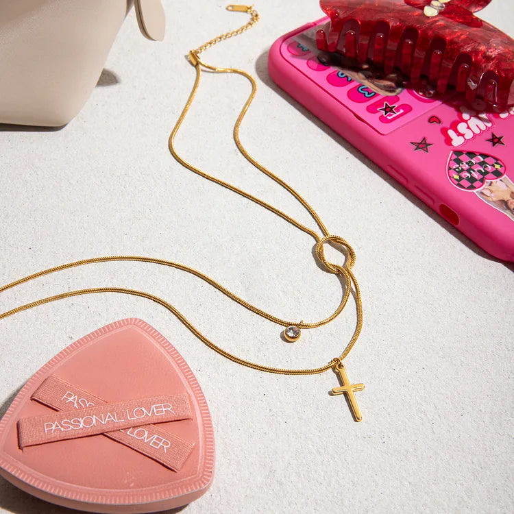 Cross Locked Zircon 304 Stainless Steel 18K Gold Plated Knotted Layered Necklace