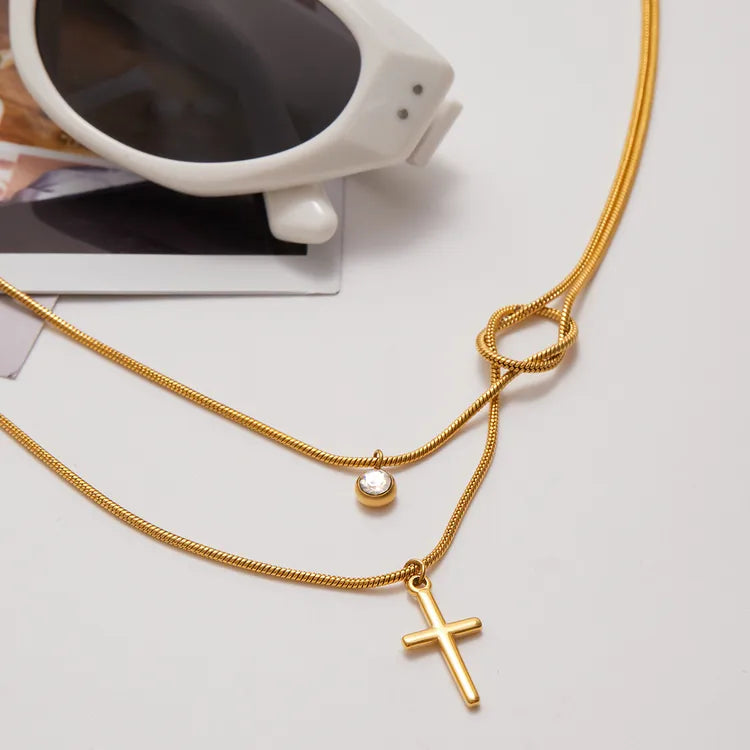 Cross Locked Zircon 304 Stainless Steel 18K Gold Plated Knotted Layered Necklace