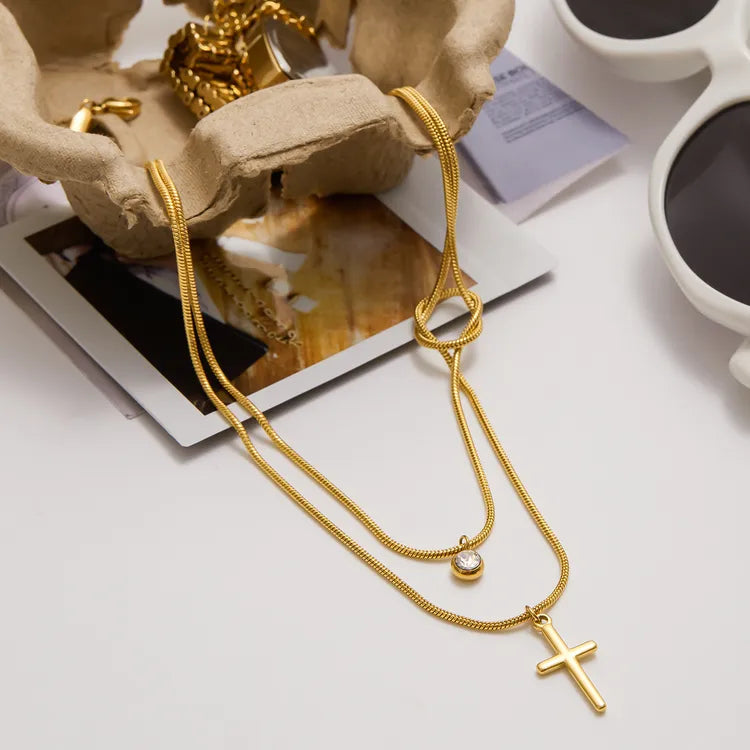 Cross Locked Zircon 304 Stainless Steel 18K Gold Plated Knotted Layered Necklace