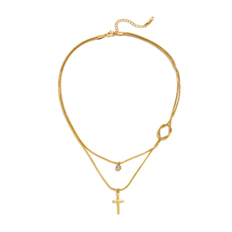 Cross Locked Zircon 304 Stainless Steel 18K Gold Plated Knotted Layered Necklace