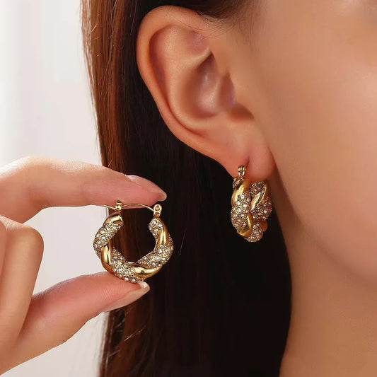 U Shape Plating Inlay 304 Stainless Steel Zircon 18K Gold Plated Ear Studs