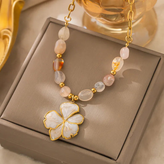 Pretty Floral Beaded 18K Gold Plated 304 Stainless Steel Necklace