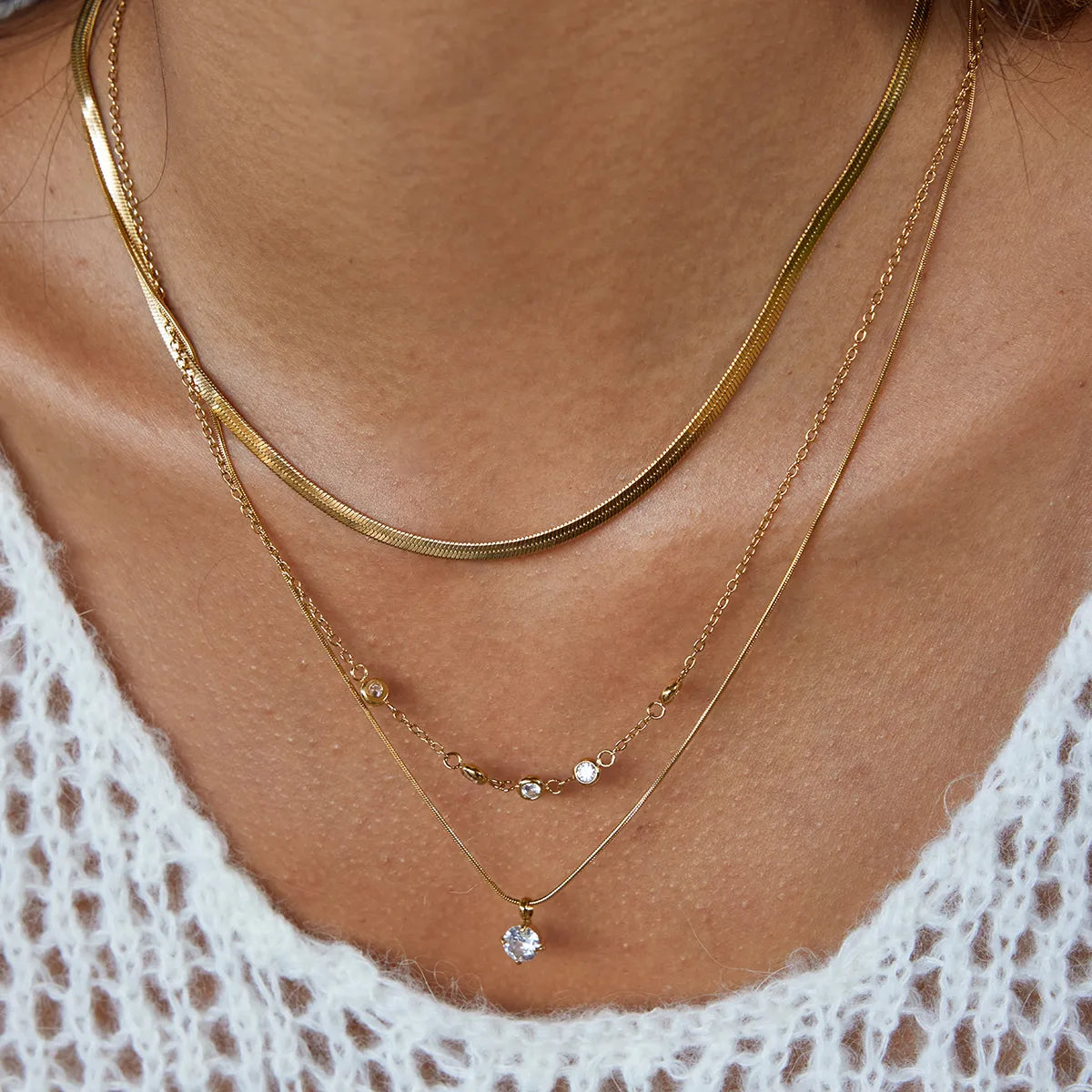 Zircon 18K Gold Stainless Steel Blade Chain + Pendant Snake Bone Chain Three-Layer Multi-Layer Necklace