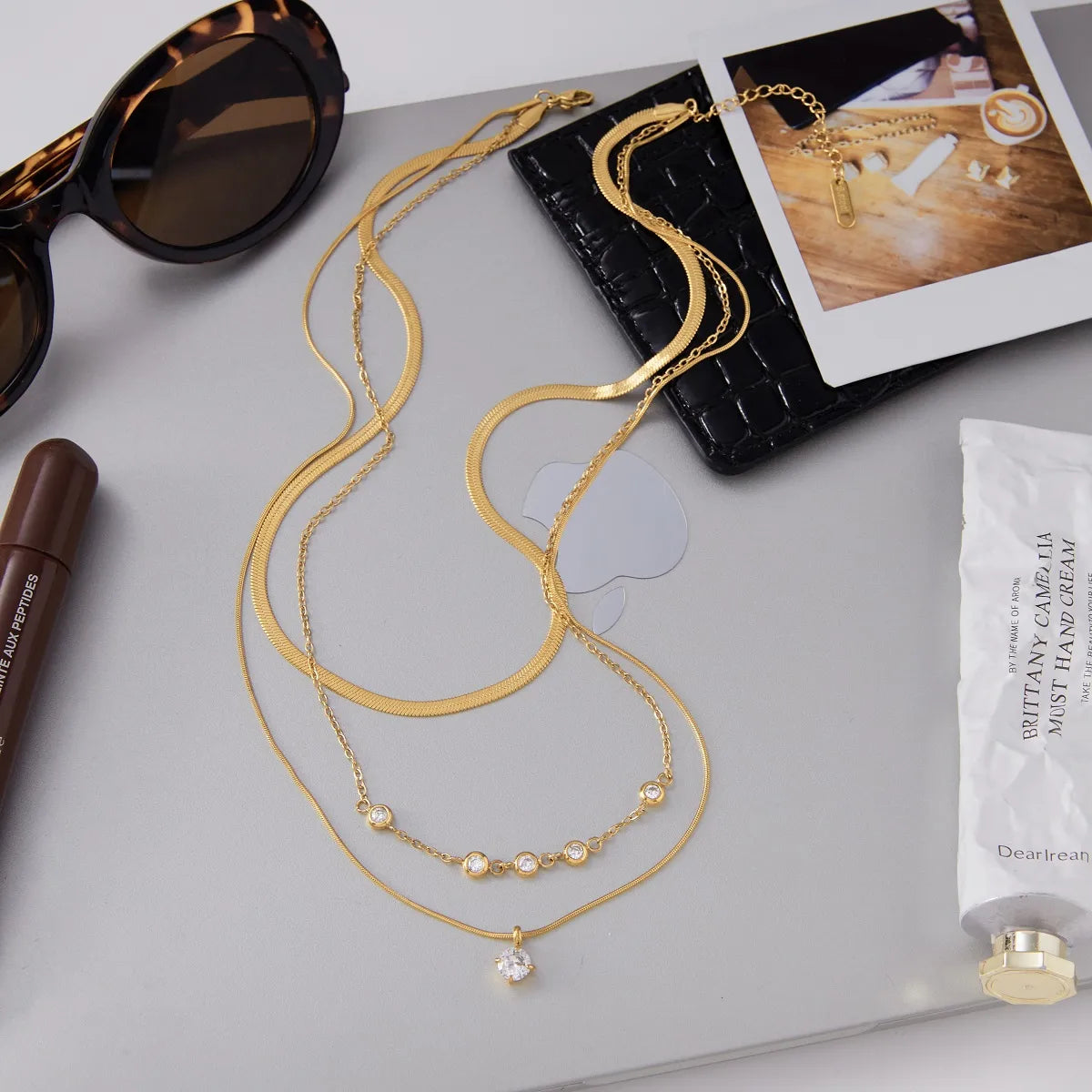 Zircon 18K Gold Stainless Steel Blade Chain + Pendant Snake Bone Chain Three-Layer Multi-Layer Necklace