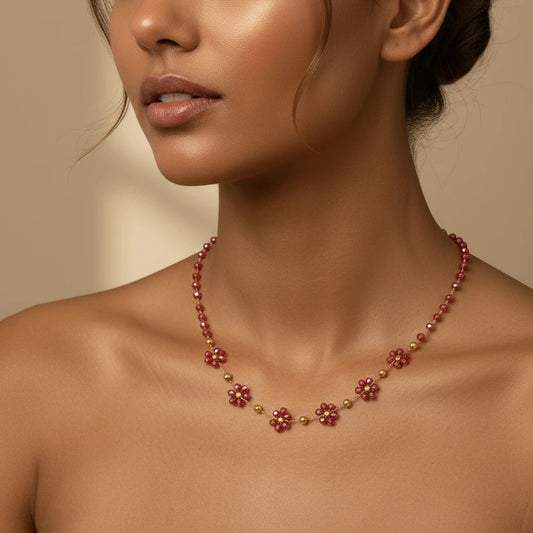 Dark Red 18K Gold Plated 304 Stainless Steel Necklace Set
