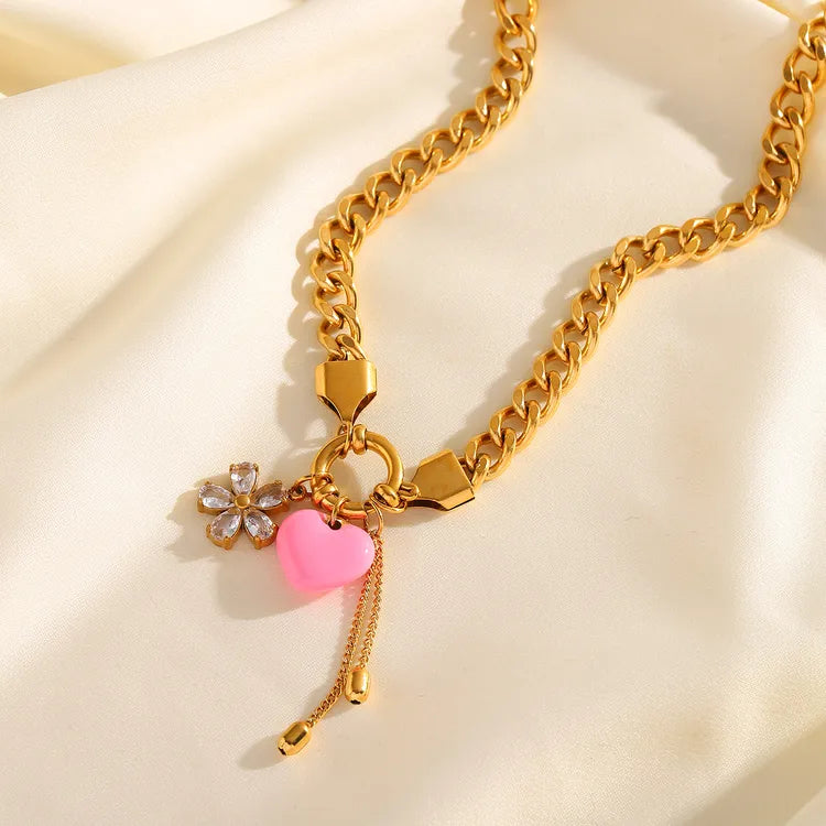 Pink 18K Gold Plated Heart Flower 304 Stainless Steel Necklace Set