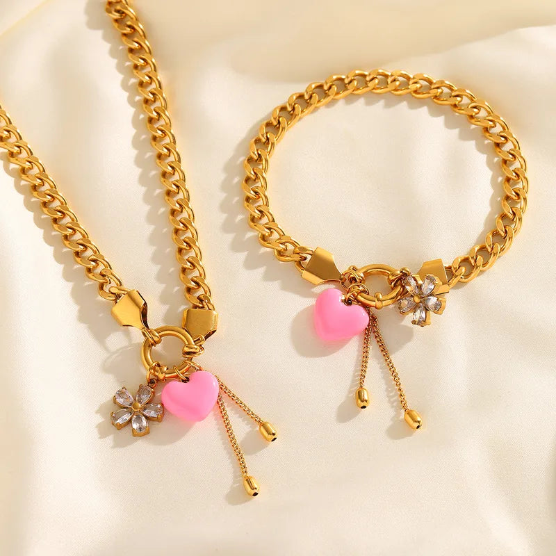 Pink 18K Gold Plated Heart Flower 304 Stainless Steel Necklace Set