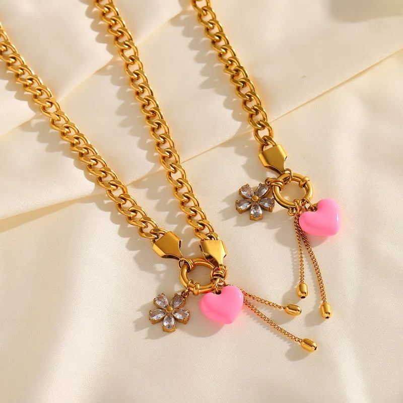 Pink 18K Gold Plated Heart Flower 304 Stainless Steel Necklace Set