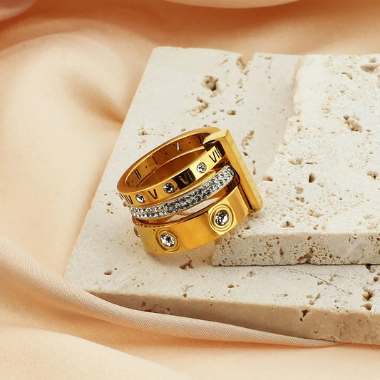 Roman Numerals Titanium Steel 18K Gold Plated Basic Inlay Letter Rhinestones Ring