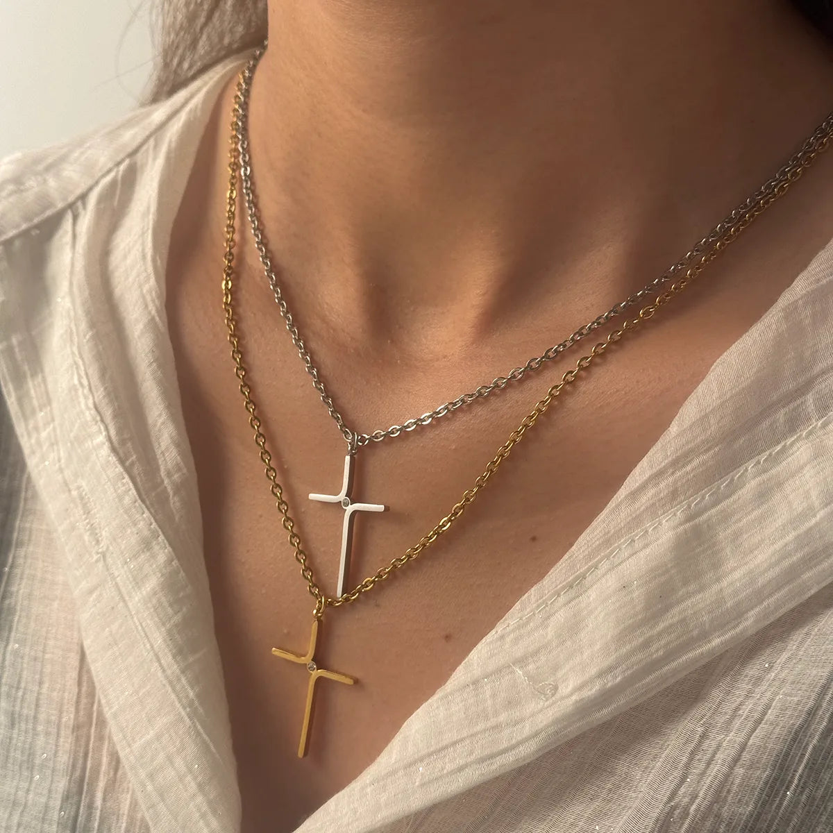 Cross 304 Stainless Steel 18K Gold Plated Plating O-shaped Chain Pendant Necklace