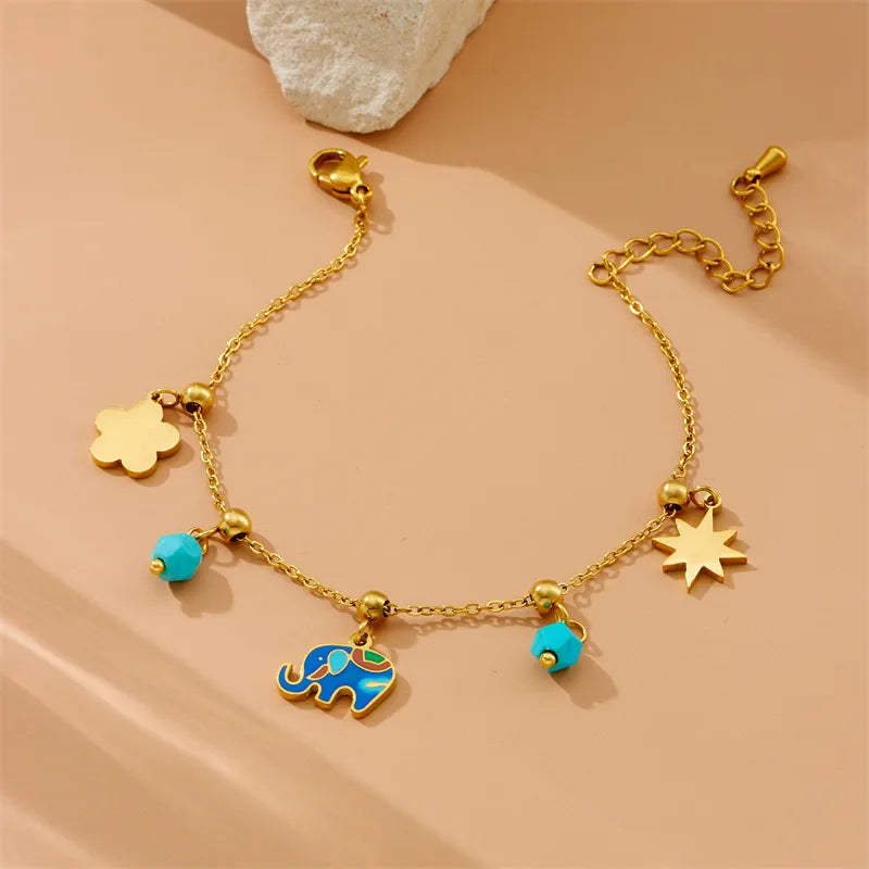 Flower Elephant 304 Stainless Steel 18K Gold Plated Multi Charms Bracelet