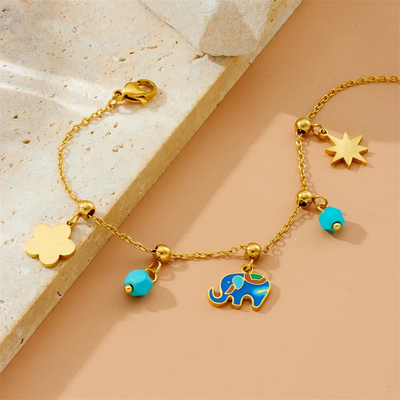 Flower Elephant 304 Stainless Steel 18K Gold Plated Multi Charms Bracelet