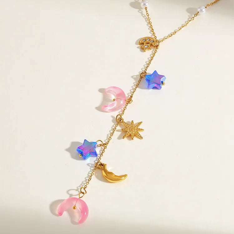 Heart Moon Zircon Flower 18K Gold Plated 304 Stainless Steel Necklace