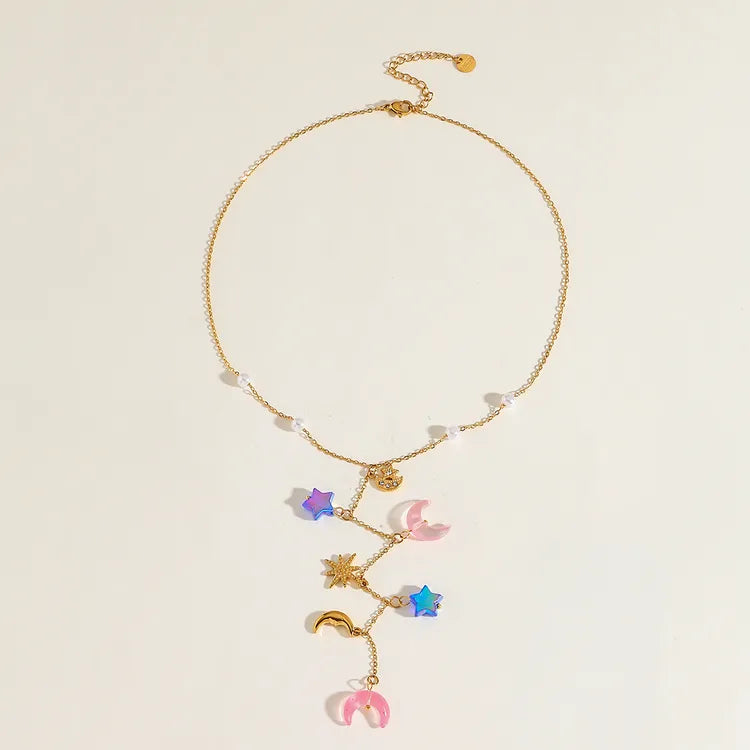 Heart Moon Zircon Flower 18K Gold Plated 304 Stainless Steel Necklace