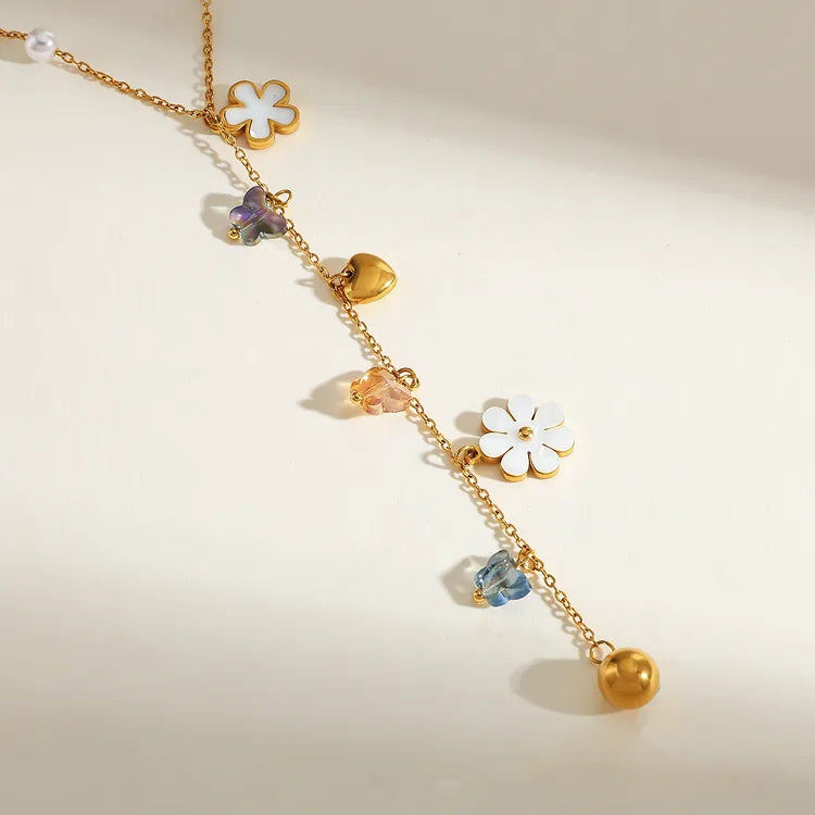 Heart Moon Zircon Flower 18K Gold Plated 304 Stainless Steel Necklace