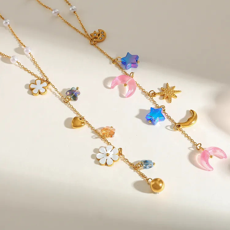 Heart Moon Zircon Flower 18K Gold Plated 304 Stainless Steel Necklace