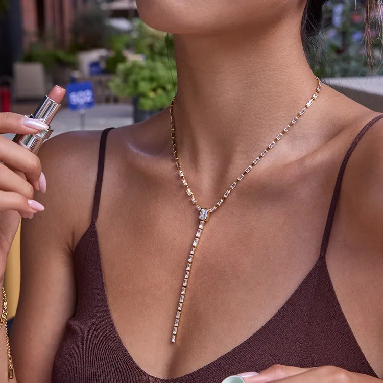 A Style Classic 18K Gold Plated Stainless Steel Zirconia Square Y-Chain Necklace