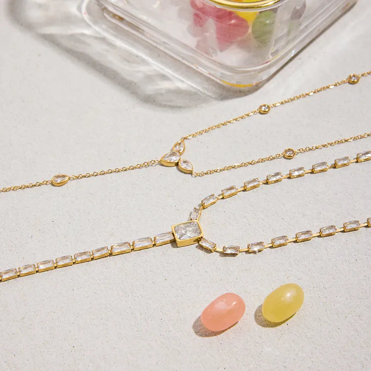 A Style Classic 18K Gold Plated Stainless Steel Zirconia Square Y-Chain Necklace