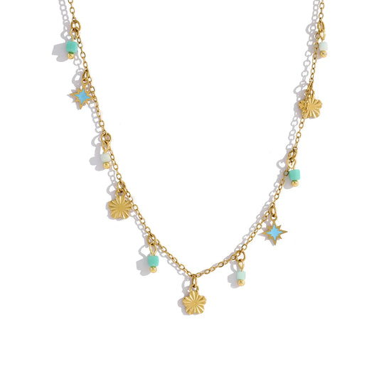 French Style Five-Petal Flower Pendant 18K Gold PlatedTitanium Steel Necklace