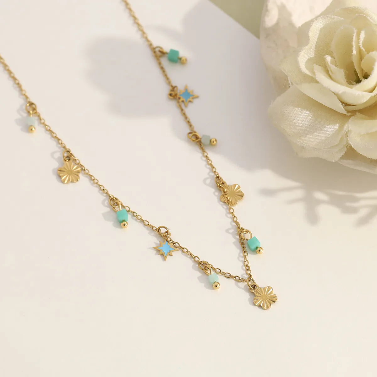 French Style Five-Petal Flower Pendant 18K Gold PlatedTitanium Steel Necklace