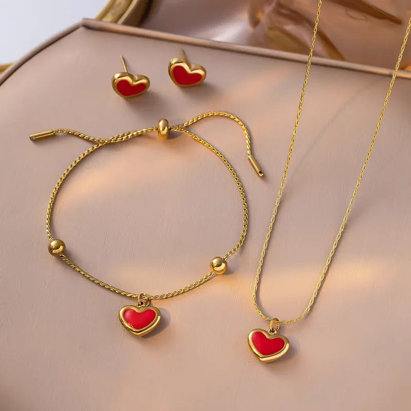 Hearty Red 18K Gold Plated and 304 Stainless Steel Necklace Set