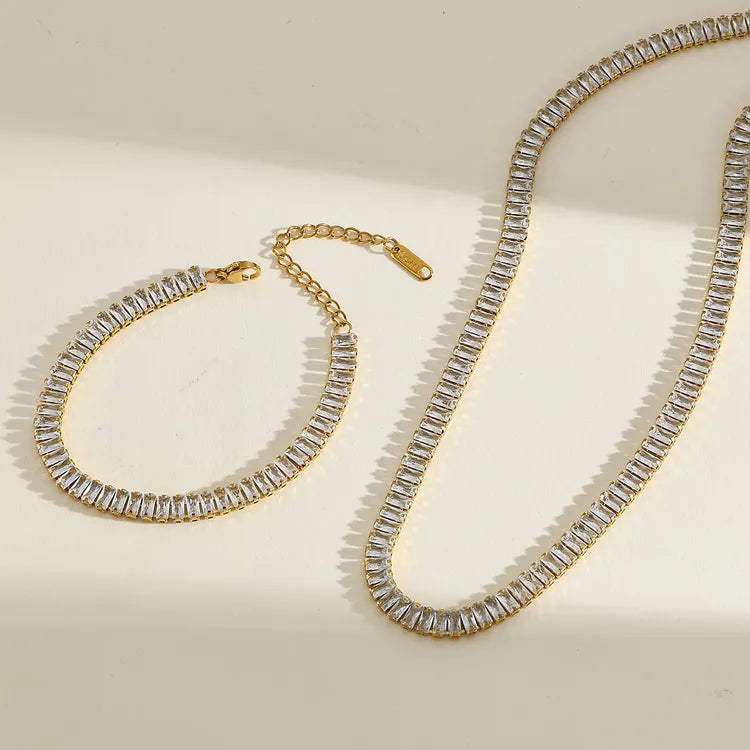 Zirconia Geometric Stainless Steel 18K Gold Plated Necklace Bracelet Set