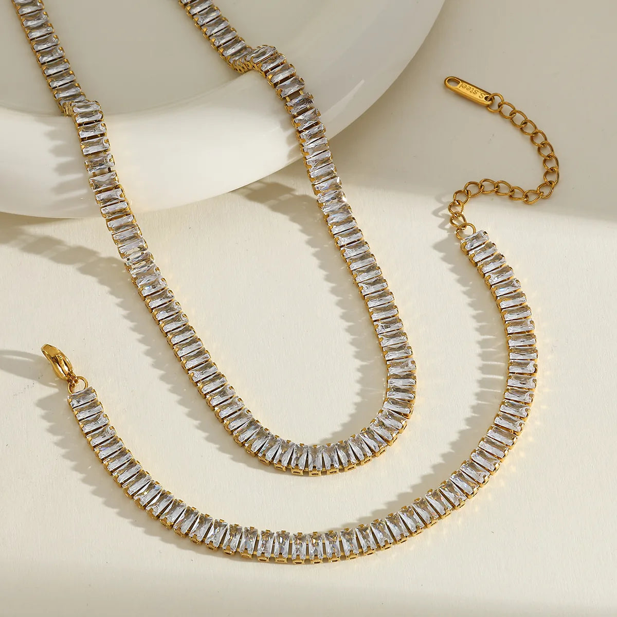 Zirconia Geometric Stainless Steel 18K Gold Plated Necklace Bracelet Set