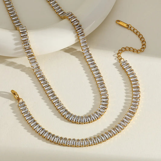Zirconia Geometric Stainless Steel 18K Gold Plated Necklace Bracelet Set